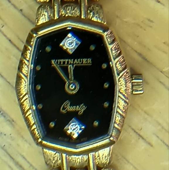 X Ladies gold plated watch, band black dial 2 hand movement diamond at 12 - Picture 2 of 9